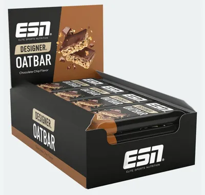 A display box of ESN Designer Oatbars in Chocolate Chip flavor.