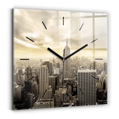 Produktbild von Wallfluent Wanduhr – Stilles Quarzuhrwerk - Uhr Dekoration Wohnzimmer Schlafzimmer Küche - Zifferblatt mit Striche - schwarze Zeiger - 30x30 cm - Wolkenkratzer in New York