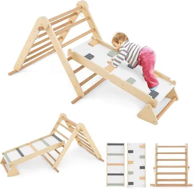 Imagen del producto de Estructura de escalada interior, 3 en 1: triángulo de escalada, escalera de escalada y balancín. Triángulo de escalada plegable, escalera de madera con rampa de doble cara, parque infantil interior para niños a partir de 3 años