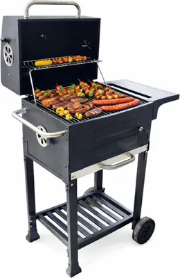 Obrázek produktu pro Zahradní gril na dřevěné uhlí s víkem a komínem, dvojitý chromovaný rošt, regulace teploty, zásuvka na popel, boční odkládací plocha, robustní ocelová konstrukce, nepřímé grilování