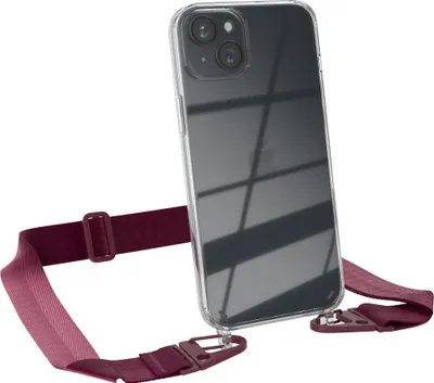 Produktbild von EAZY CASE - Hülle mit Band für Apple iPhone 15 Plus, Handyhülle mit Umhängeband, Silikonhülle transparent, Handykette in Rot