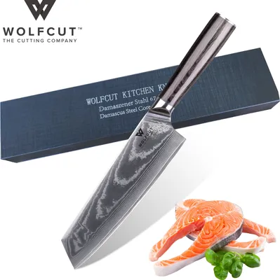 Zdjęcie produktu dla Nóż Damascus Kiritsuke 20 cm 67-warstwowa stal damasceńska z czarną rękojeścią z drewna Pakka i pudełkiem upominkowym firmy Wolfcut