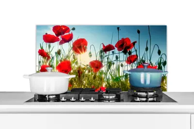 Produktbild von KitchenYeah®  Spritzschutz Küche - Küchenrückwand - Wandschutz für Herd und Spüle - Mohnblumen - Toskana - Sonne - Rot - Blau 80x40 - Alu-Dibond (Alternative zum Spritzschutz aus Glas) - Hitzebeständi