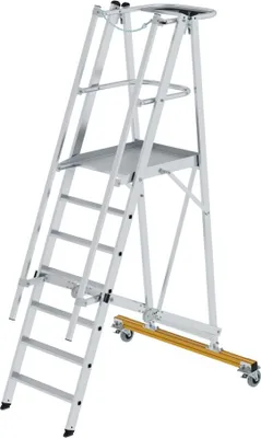 Produktbild von Plattformleiter klappbar und fahrbar | 7 Stufen | inkl. beidseitigem Handlauf | Aluminium | nivello® Leiterschuhe