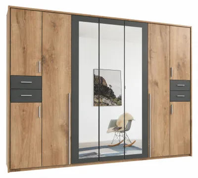 Produktbild von Drehtürenschrank Kleiderschrank 313cm Passepartout Spiegel Eiche Nachbildung, Grafit / 22582