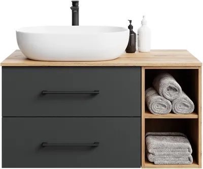 Produktbild von Planetmöbel LUX Badmöbel-Set Waschbecken mit Unterschrank 100 cm Gold Eiche/Anthrazit hängend & Aufsatz-Waschbecken 60 cm Weiß