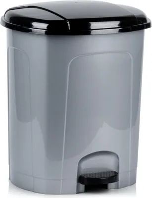 A gray pedal trash can with a black lid and pedal, shown against a white background.