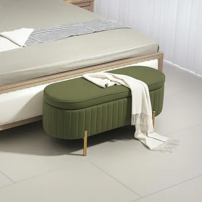 Image de Banc avec rangement, banc rembourré avec couvercle rabattable, banc coffre, revêtement en velours, vert foncé | 108 x 44 x 43,5 cm | 72 litres | Pieds dorés