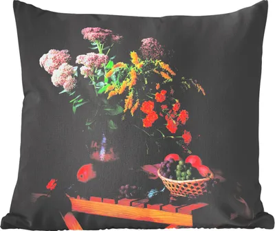 Produktbild von MuchoWow® Zierkissen Sofakissen Wohnzimmer Dekokissen 40x40 cm Malerei - Stillleben - Obst - Blumen - Tisch - Kunst - Foto Kissen - Schlafzimmer Dekoration