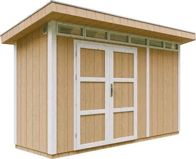 Zdjęcie produktu dla Wysokiej jakości szopa ogrodowa 4,3m² z podłogą i płytkami bitumicznymi - Szopa ogrodowa W161xL411xH239 cm - Szopa ogrodowa TIMBELA M902A - HARVEST HONEY