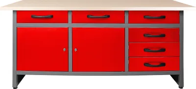 Produktbild von Ondis24 Metall Werkbank 160 cm "Karsten" rot 6 Schubladen 2 Türen abschließbar höhenverstellbare Füße 170x60x85 (H) cm Arbeitsplatte Holz Packtisch Werktisch Werkstatttisch Montagewerkbank