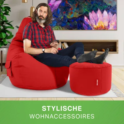 Produktbild von Green Bean Sitzsack mit Rückenlehne + Hocker "Cozy+Stay" 80x70x90cm - Gaming Chair mit 230L EPS Perlen Füllung - Rot