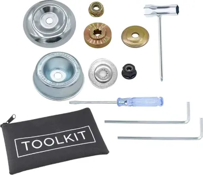 A collection of tools and accessories for a string trimmer, laid out on a white background.