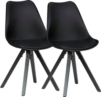Produktbild von Set von 2 schwarzen Retro-Esszimmerstühlen mit Kunstlederbezug und Rückenlehne, skandinavisches Design