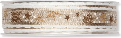 Produktbild von Schleifenband (1m = 0,86EUR) SCHNEESTERNE, Leinen, Gold, 20mm, 15m Rolle