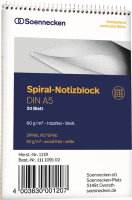 Produktbild von Soennecken Notizblock 1119 DIN A5 60g kariert 50Blatt weiß