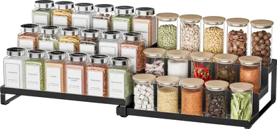 Image de étagère à épices à 3 niveaux - Organisateur d'armoire de cuisine - Extensible - 1 pièce - Plastique