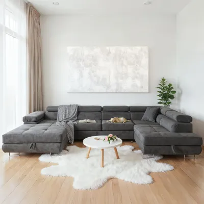 Produktbild von Ecksofa U-Form 345 x 202 cm Grau Rechts mit Schlaffunktion und 2 Bettkästen – Aller U XXL