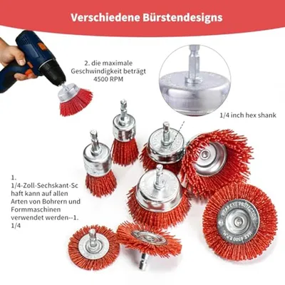 Nylon Bürstenset 8 Stück mit sechseckigem Schaft für Bohrmaschine - Entfernen von Rost, Farbe und Korrosion