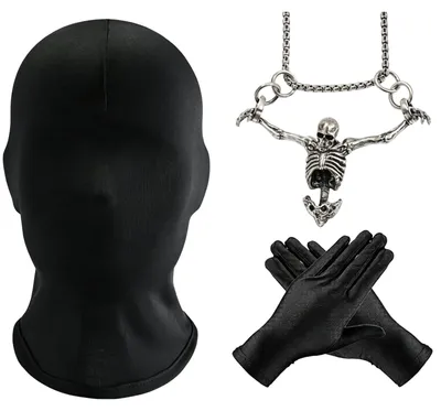 3-teiliges Halloween-Kostüm-Set mit Kopfhaube, Handschuhen & Kette