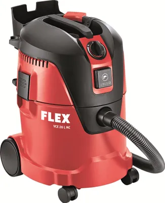 A red and black industrial vacuum cleaner is shown from a three-quarter front view against a white background.