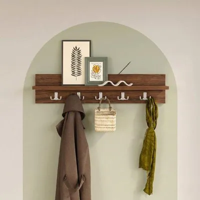 Produktbild von Wandgarderobe mit Ablage aus Walnussholz, 5 Doppelhaken, 80 cm