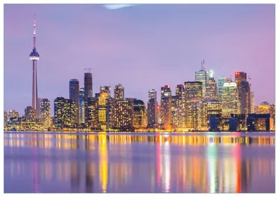 Produktbild von Wallario Premium Glasbild, freischwebende Optik, kräftige Farben, Größe 100 x 70 cm Motiv Toronto Skyline - Kanada am Abend