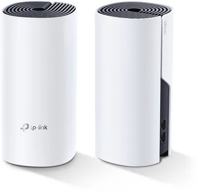 Two white cylindrical mesh Wi-Fi units are shown against a white background. The unit on the left has the TP-Link logo visible. The unit on the right has its side panel partially open, revealing network ports.