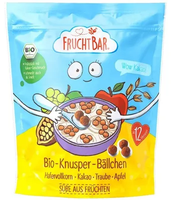 Produktbild von FruchtBar  Knusper Bällchen 'Wow Kakao', Snack bars, Apfel, Kakaopulver, 125 g, 12 Monat( e), 1428 kJ, 338 kcal