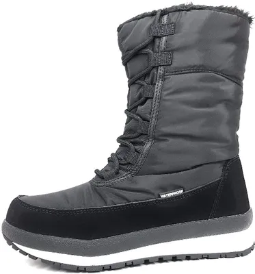A black winter boot is shown against a white background.
