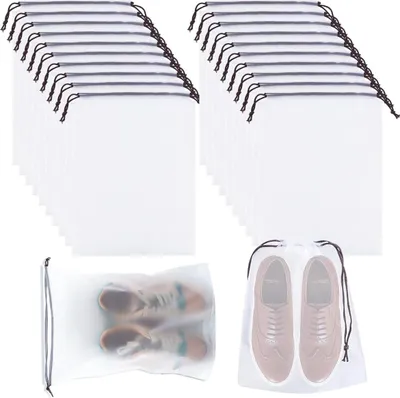 Produktbild von 20er Pack transparente Schuhbeutel mit Kordelzug - Wasserdichte und staubdichte Aufbewahrungstaschen für Reisen - 40x30cm Weiß