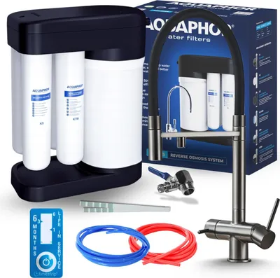 Produktbild von Wasserfilter Set Aquaphor Morion mit 3-Wege Küchenarmatur HighFlex Grafit, Umkehrosmose, ausziehbare Brause
