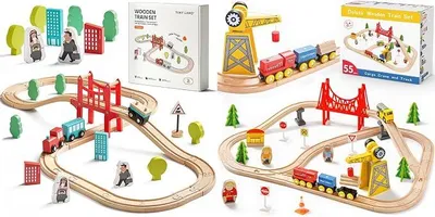 Imagen del producto de Set de trenes de madera y paquete de 39 piezas que incluye trenes y accesorios de madera