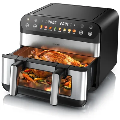 Produktbild von Arendo Heißluftfritteuse Doppelkammer XXL Dual Zone , Airfryer 10L mit 2 Kammern, beleuchtetes Sichtfenster, 2400 W, Umluft Backofen mit Zubehör, fettarmes gesundes Kochen