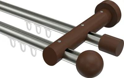 Produktbild von Interdeco Innenlaufstange / Gardinenstange mit Innenlauf Edelstahl-Optik / Nussbaum lackiert, Typ Talent Luina (Kugel), 20 mm Ø 2-läufig, 140 cm