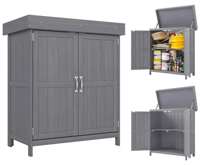 Produktbild von Geräteschrank, Doppeltür, Klappdeckel, 2 Regalfächer, wetterfest, Naturholz, grau, 74 x 43 x 88cm