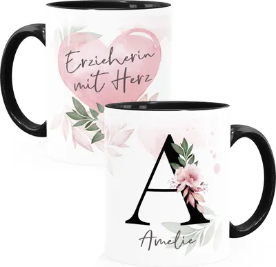 Produktbild von Kaffee-Tasse mit Name und Spruch mit Herz Initiale Monogramm Dankeschön personalisierte Geschenke SpecialMe® Erzieherin Inner-Schwarz Keramik-Tasse