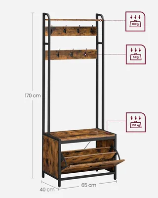 Produktbild von Flurgarderobe mit Schuhschrank - Garderobenbank mit Kleiderständer - 7 Haken - obere Ablage - freistehend - Vintage Braun-Schwarz