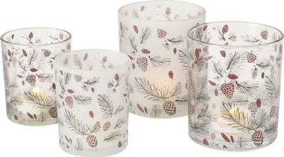 Produktbild von 4tlg Set Windlicht Pino klar matt Zweige Zapfen Weihnachtskerzen Teelicht-Halter