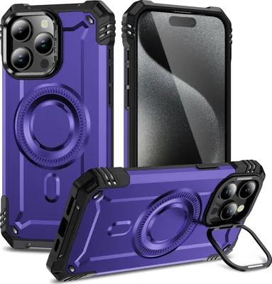 Produktbild von Magnetisch Hülle für iPhone 15 Pro Max, Heavy Duty Militärischer Stoßfest Handyhülle Kamera-Ringständer Lila