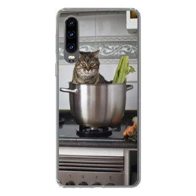 Produktbild von MuchoWow® Handyhülle Schutzhülle Hülle für Huawei P30 Katze - Pfanne - Küche Silikon Softcase Handy Hülle - Kartenbesitzer