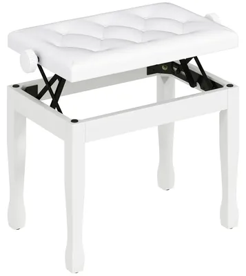 Image de Banc de piano - Tabouret de piano à hauteur réglable - Hauteur réglable - Assise en similicuir - Fixations à boutons - Pieds en bois - 64 x 35 x 45–55 cm - Blanc