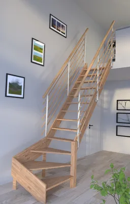 Produktbild von Holztreppe Rhodos in 1/4 gewendelter Ausführung rechts-Eiche-Design Geländer Holzrundstäbe-beidseitig-ohne Setzstufen