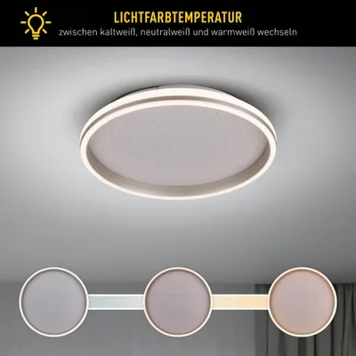 Obrázek produktu pro Stropní svítidlo – LED / CCT, model "METEOR", včetně světelného zdroje, průměr: 47,2 cm. Moderní stropní lampa z kovu, barva bílá, výška 7,5 cm, průměr 47,2 cm. Obsahuje: LED, stmívatelné, přepínač barevné teploty (CCT), noční světlo, časovač, dálkové ovládání, s efektem krystalů
