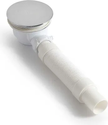 A close-up studio shot of a bathtub drain assembly with a flexible hose.