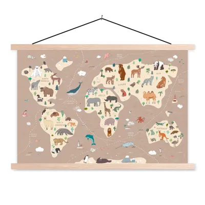 Obrázek produktu pro MuchoWow® Textilní plakát - Mapa světa pro děti - Zvířata - Hnědá - Chlapci - Dívky - 60x40cm - S hnědými lamelami