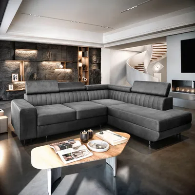 A modern living room with a sectional sofa, coffee table, and a spiral staircase.