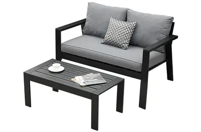 Produktbild von MEXO Gartenlounge-Set Gartenmöbel Set Aluminium Balkonmöbel Set Kleiner Balkon, wetterfest Sitzgruppe, Terassenmöbel außen, Tischplatte aus WPC