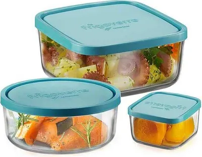 Three glass food storage containers with blue lids, each containing food.