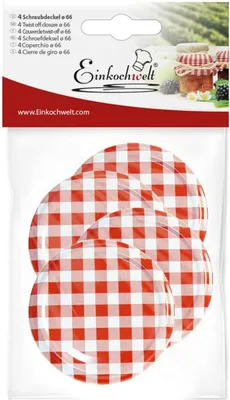 Produktbild von DOSEN-ZENTRALE Twist-off Deckel Einkochwelt steril. Ø66mm rot/weiß kariert 4er Beutel